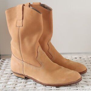 Italian Leather Cowboy Western Mid-Calf Boots Tan Yellow Handmade in Cyprus 11.5